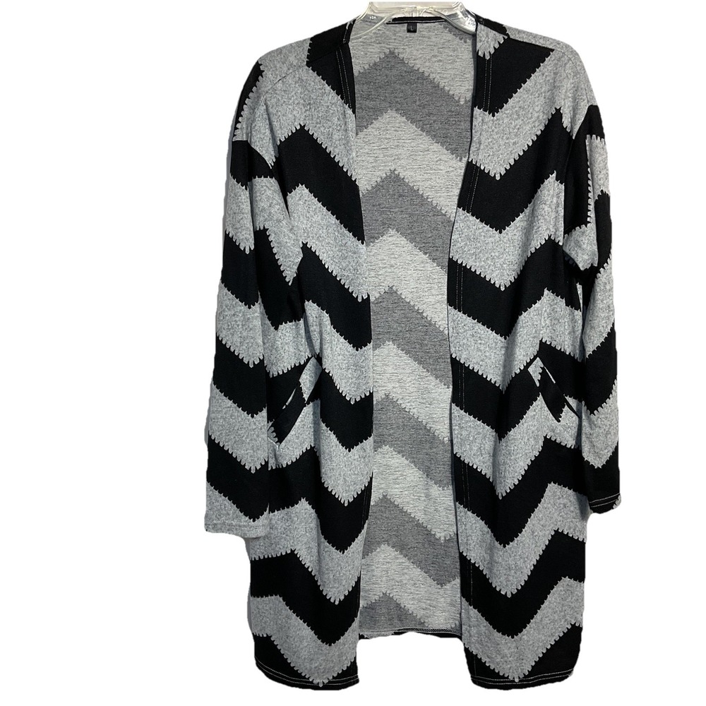 Women's Black Grey Chevron Open Cardigan Sweater Large Lightweight Summer